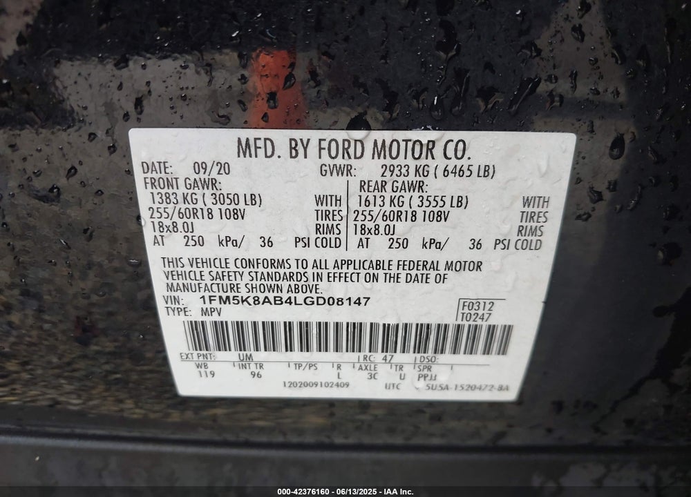 2020 FORD POLICE INTERCEPTOR VIN: 1FM5K8AB4LGD08147