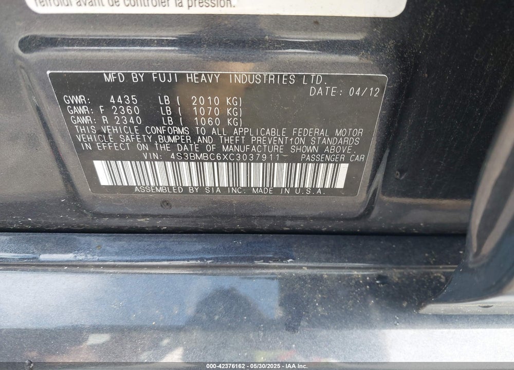 2012 SUBARU LEGACY 2.5I PREMIUM VIN: 4S3BMBC6XC3037911