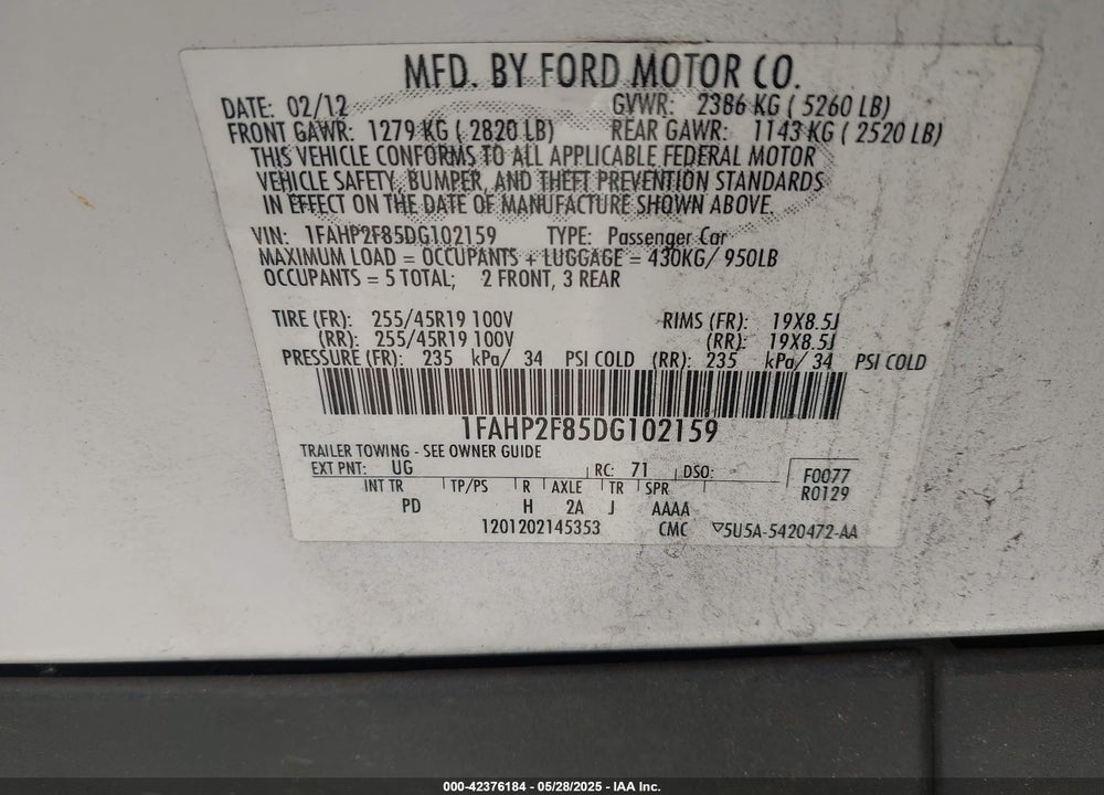 2013 FORD TAURUS VIN: 1FAHP2F85DG102159