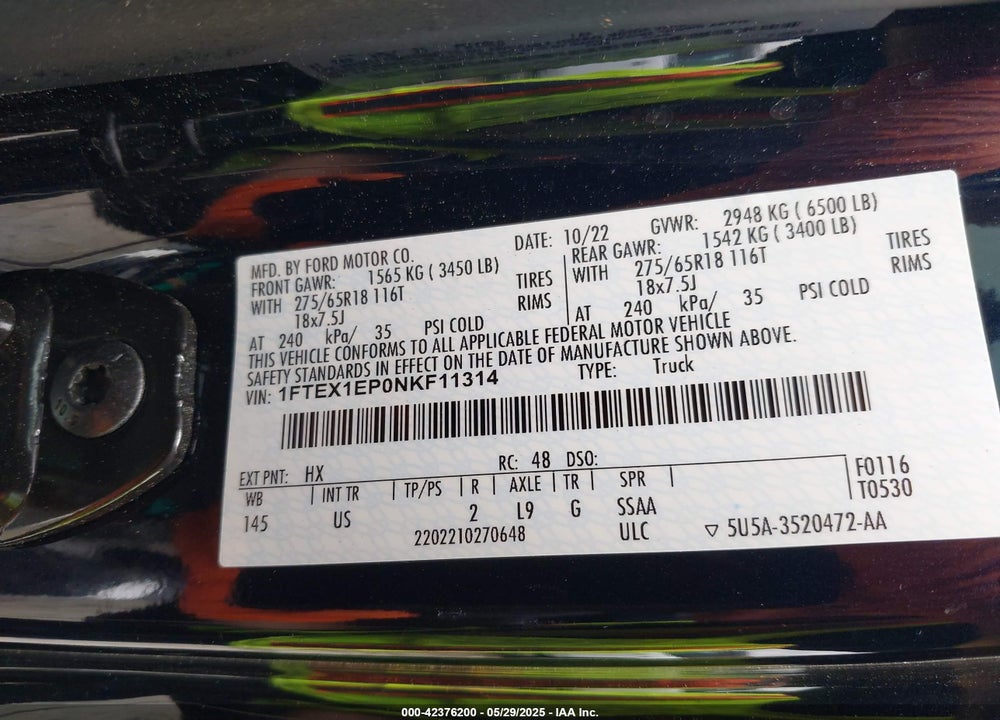2022 FORD F-150 VIN: 1FTEX1EP0NKF11314