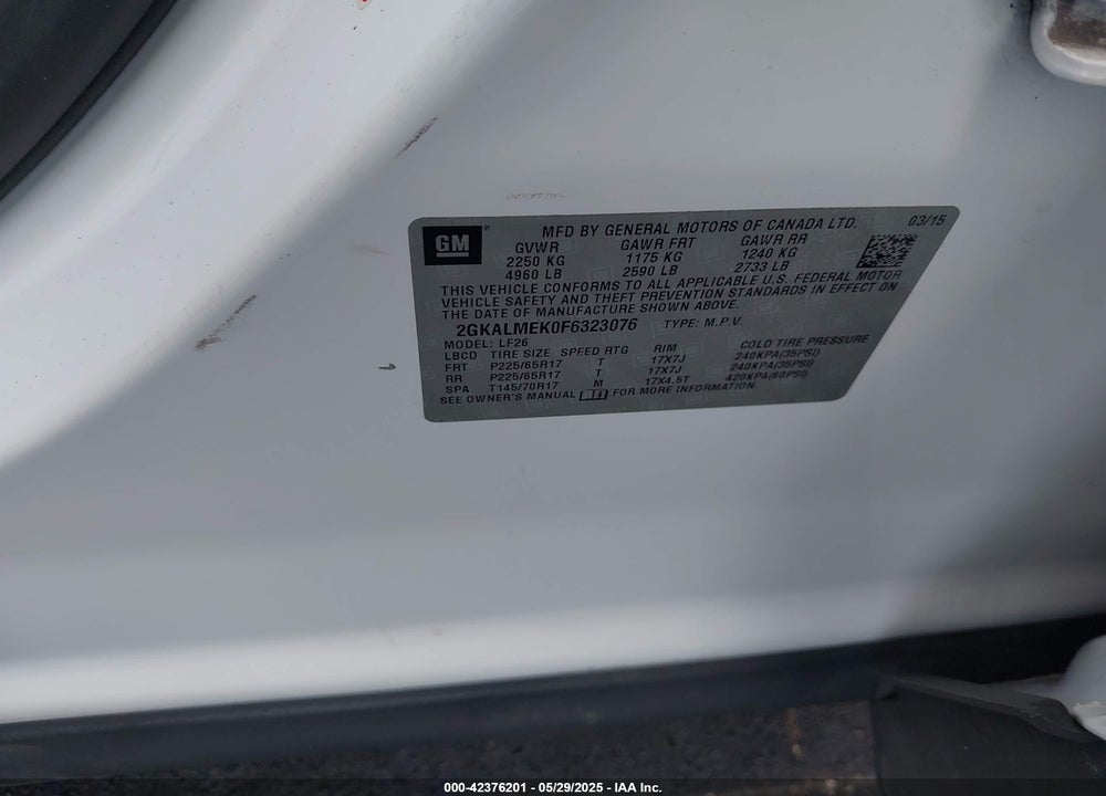 2015 GMC TERRAIN SLE-1 VIN: 2GKALMEK0F6323076