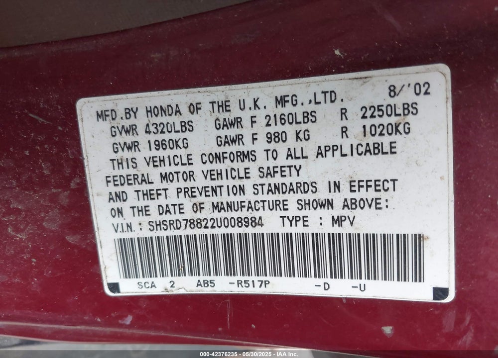 2002 HONDA CR-V EX VIN: SHSRD78822U008984