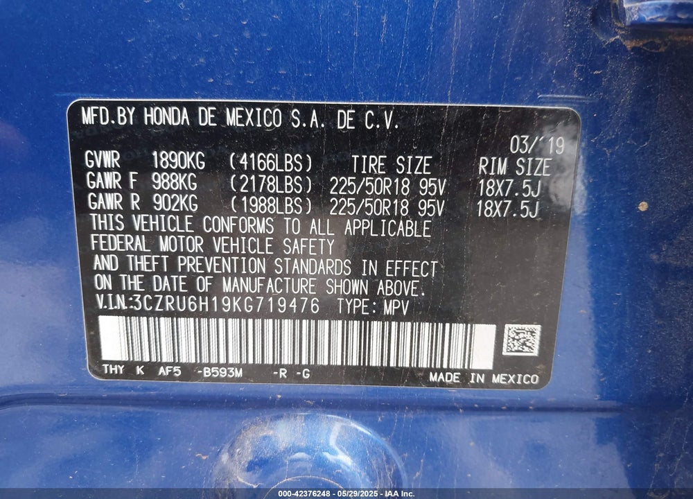 2019 HONDA HR-V VIN: 3CZRU6H19KG719476