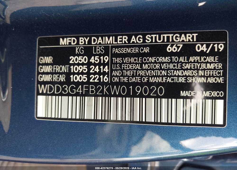 2019 MERCEDES-BENZ A 220 4MATIC VIN: WDD3G4FB2KW019020
