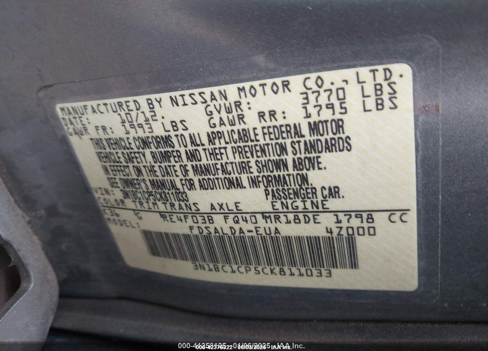 2012 NISSAN VERSA VIN: 3N1BC1CP5CK811033