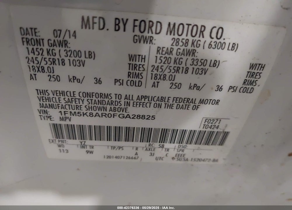 2015 FORD POLICE INTERCEPTOR VIN: 1FM5K8AR0FGA28825
