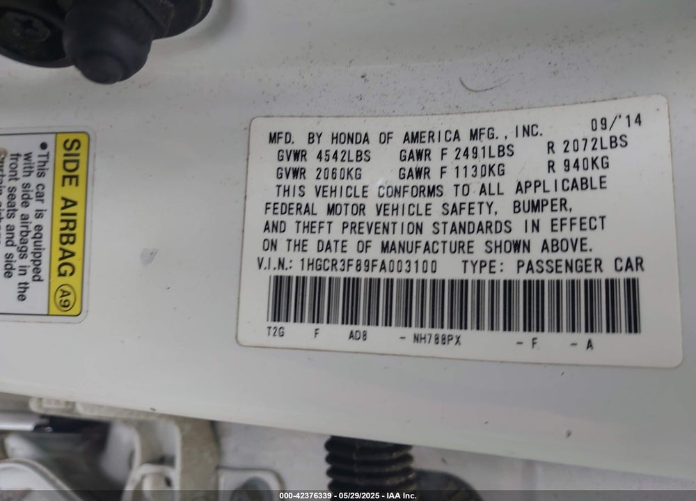 2015 HONDA ACCORD EX-L V-6 VIN: 1HGCR3F89FA003100