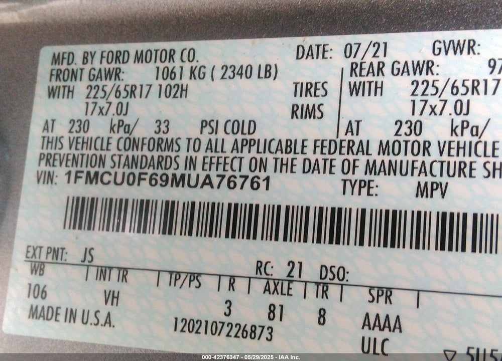 2021 FORD ESCAPE VIN: 1FMCU0F69MUA76761