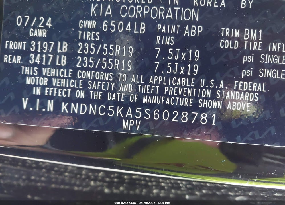 2025 KIA CARNIVAL MPV HYBRID EX VIN: KNDNC5KA5S6028781