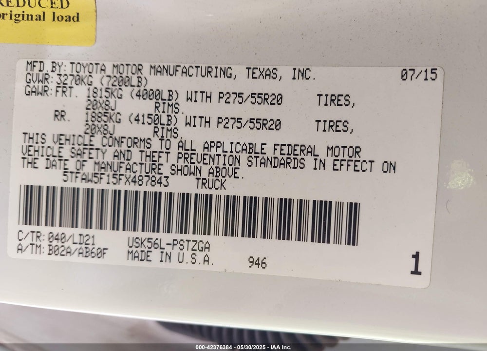 2015 TOYOTA TUNDRA VIN: 5TFAW5F15FX487843