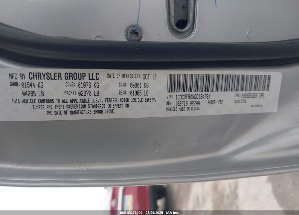 2013 DODGE DART VIN: 1C3CDFBAXDD184764