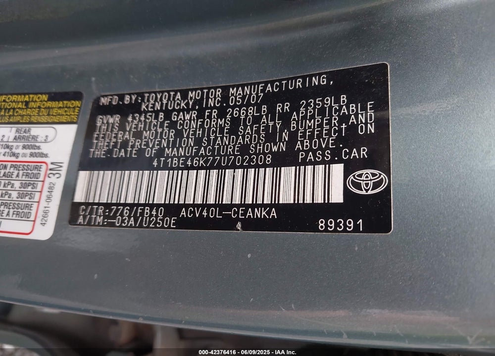 2007 TOYOTA CAMRY VIN: 4T1BE46K77U702308