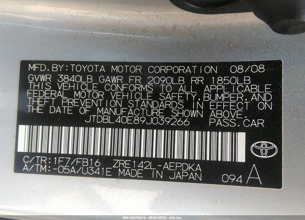 2009 TOYOTA COROLLA LE VIN: JTDBL40E89J039266