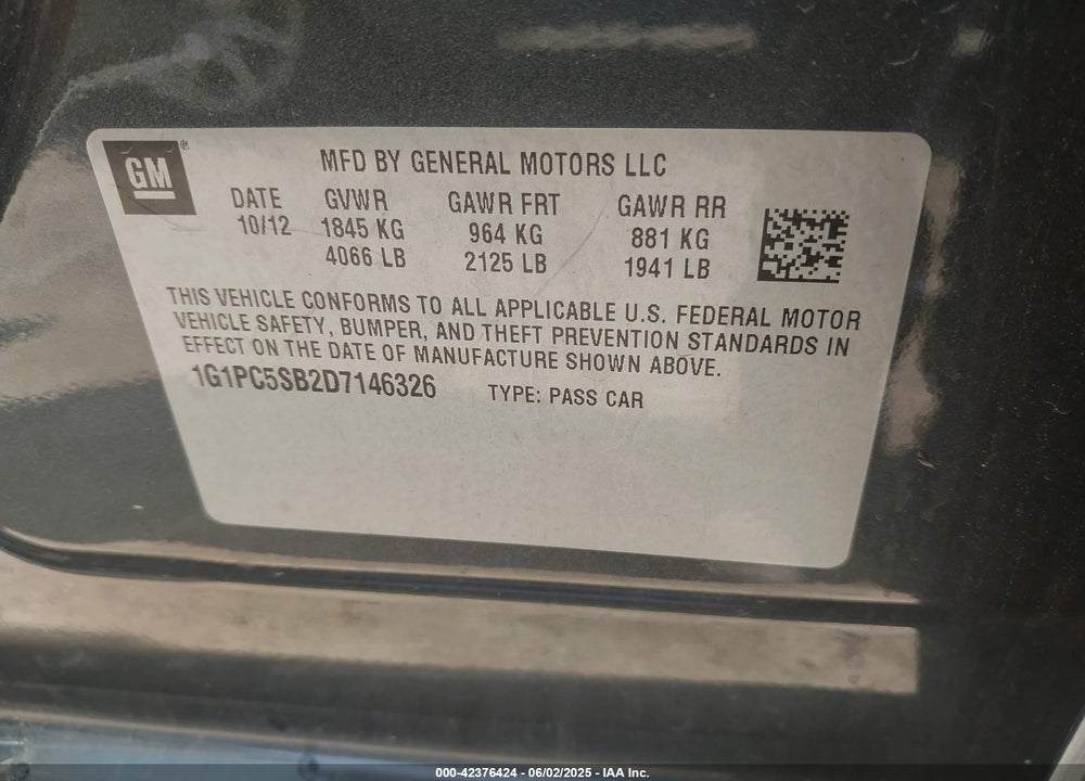 2013 CHEVROLET CRUZE VIN: 1G1PC5SB2D7146326