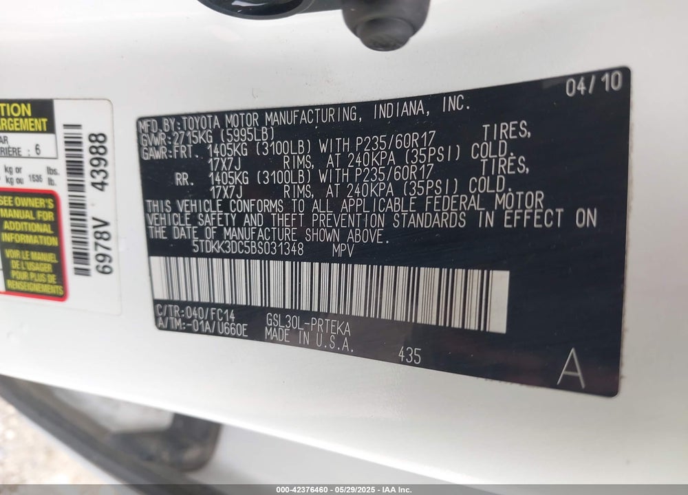 2011 TOYOTA SIENNA VIN: 5TDKK3DC5BS031348