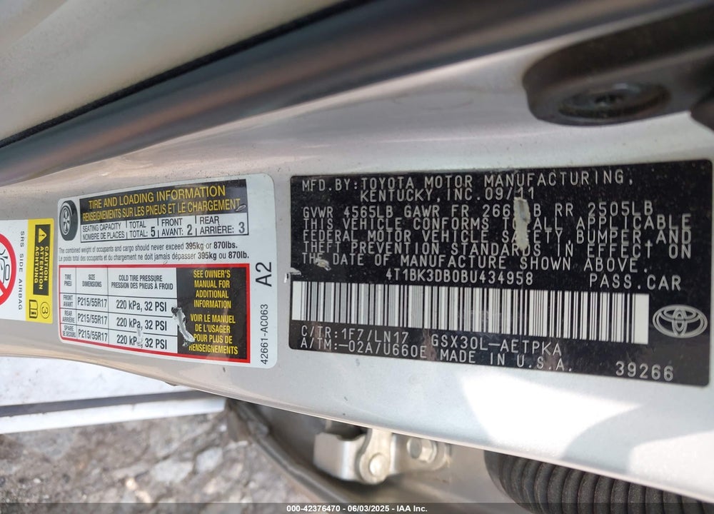 2011 TOYOTA AVALON LIMITED VIN: 4T1BK3DB0BU434958