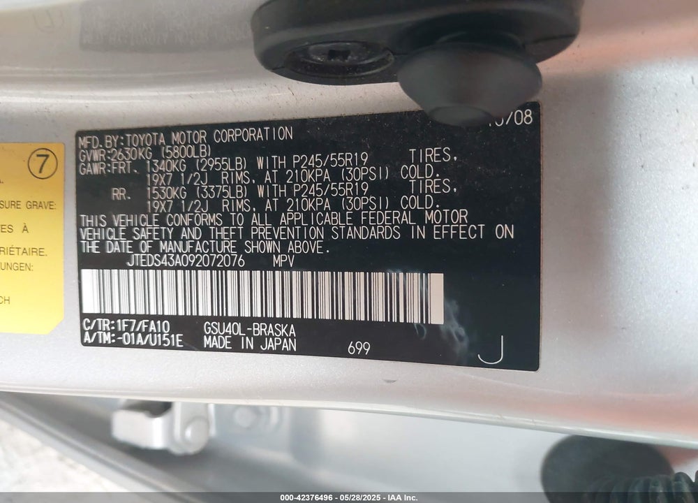 2009 TOYOTA HIGHLANDER VIN: JTEDS43A092072076