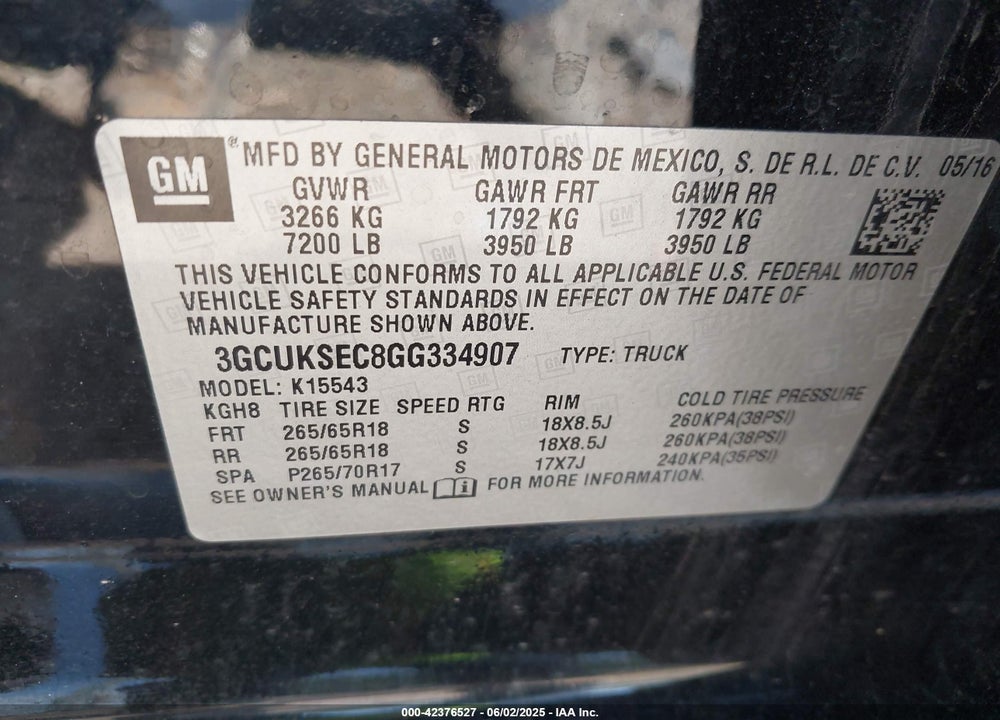 2016 CHEVROLET SILVERADO 1500 2LZ VIN: 3GCUKSEC8GG334907