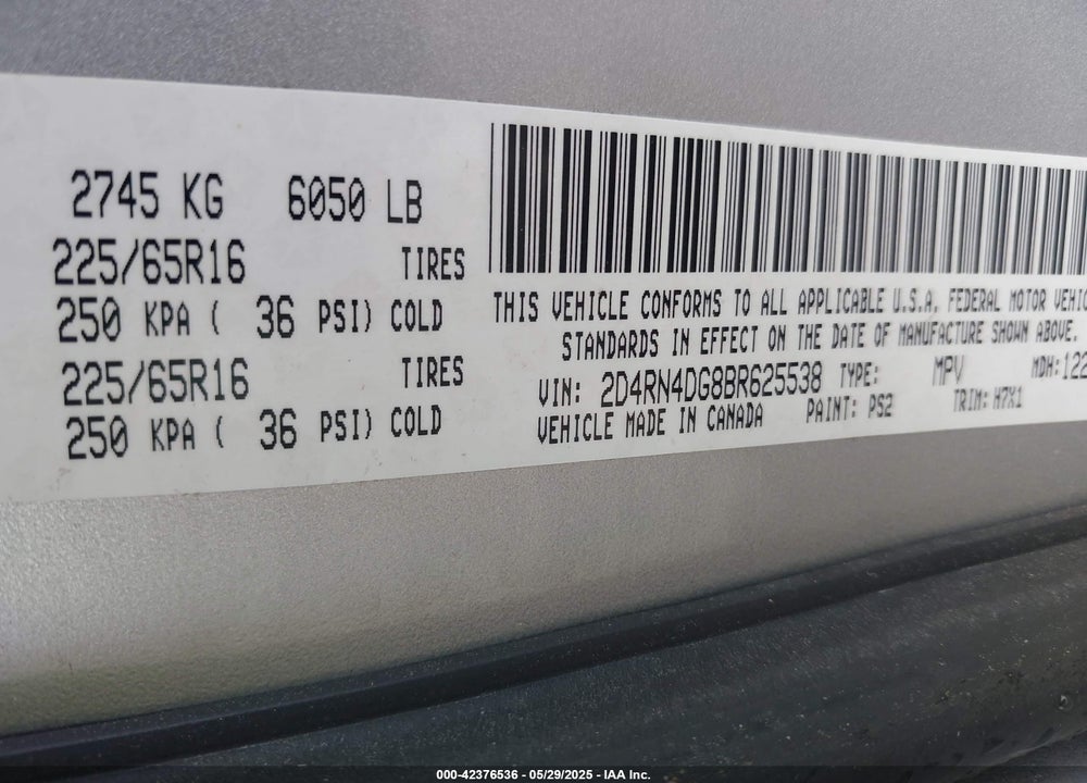 2011 DODGE GRAND CARAVAN EXPRESS VIN: 2D4RN4DG8BR625538