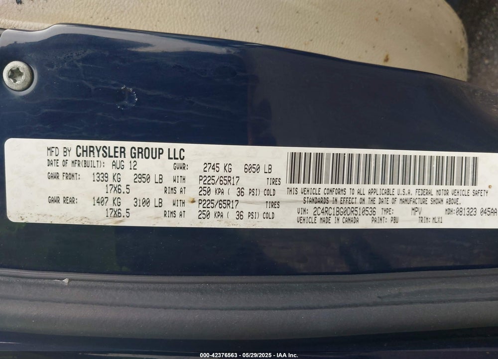 2013 CHRYSLER TOWN & COUNTRY TOURING VIN: 2C4RC1BG0DR510536