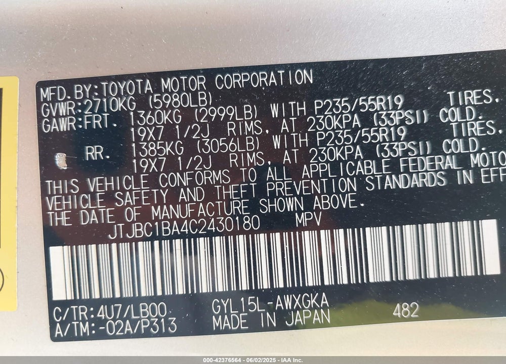 2012 LEXUS RX 450H VIN: JTJBC1BA4C2430180