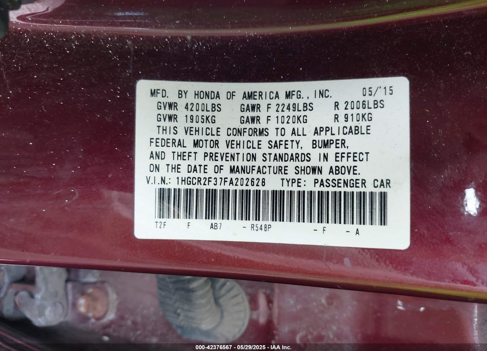 2015 HONDA ACCORD LX VIN: 1HGCR2F37FA202628