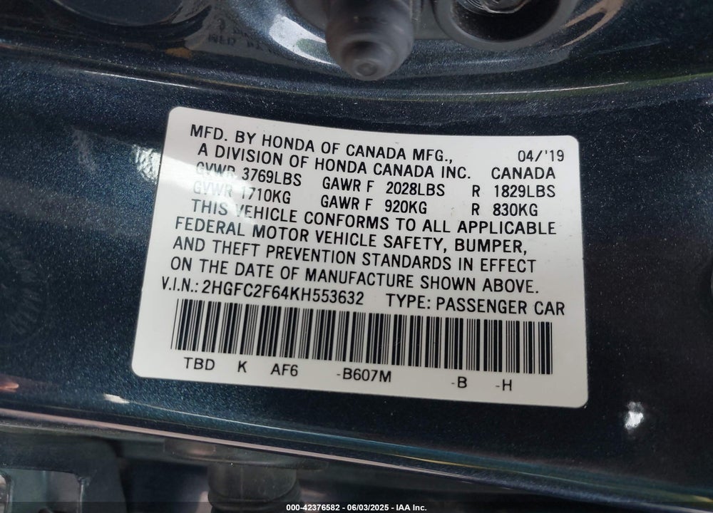 2019 HONDA CIVIC VIN: 2HGFC2F64KH553632
