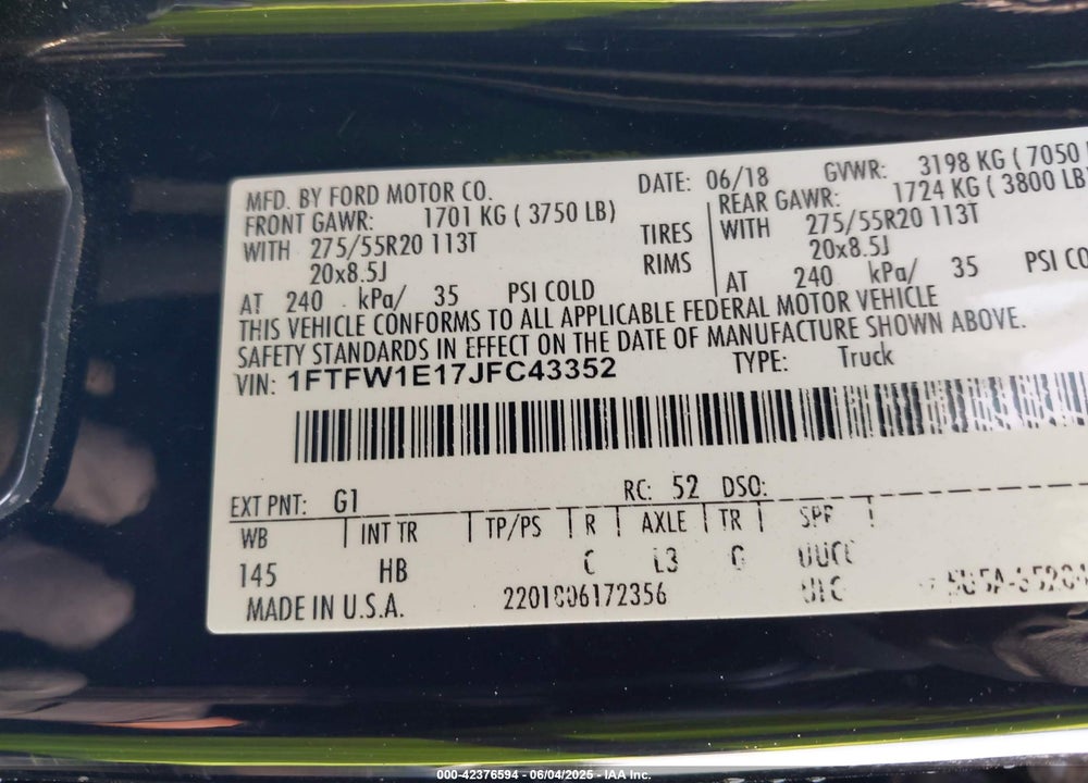 2018 FORD F-150 VIN: 1FTFW1E17JFC43352