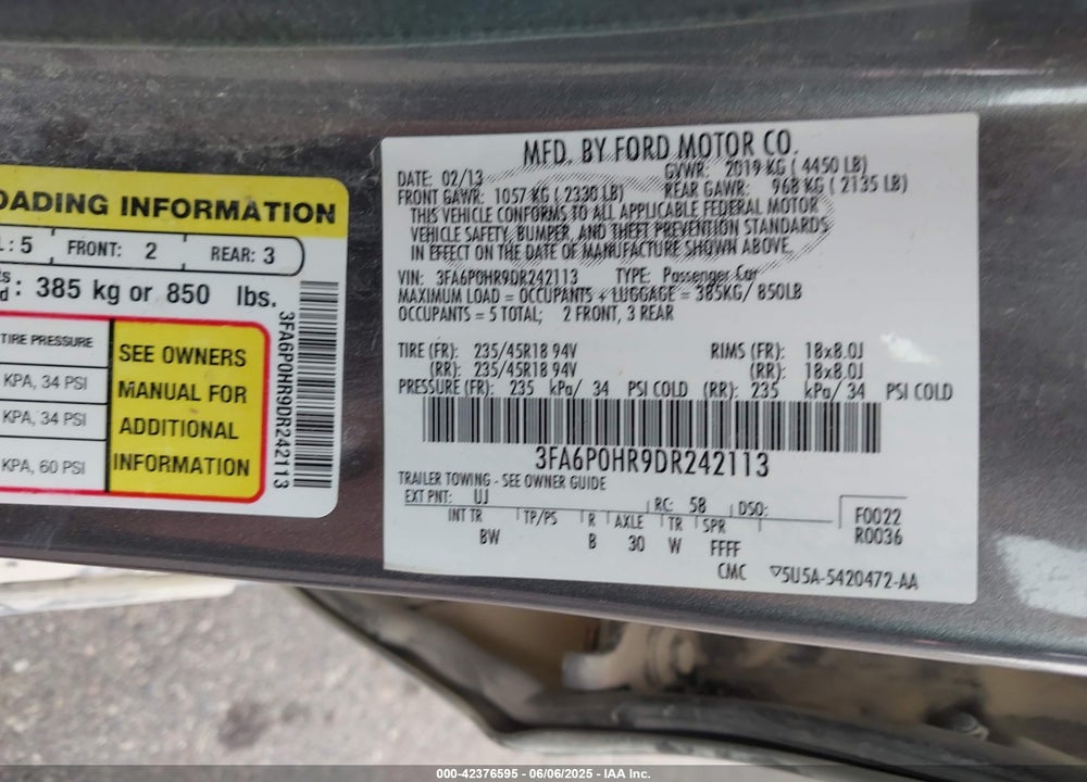 2013 FORD FUSION SE VIN: 3FA6P0HR9DR242113