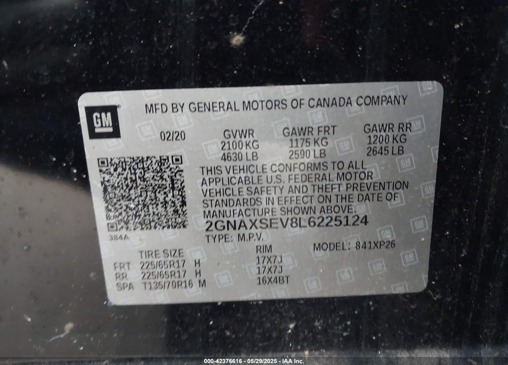 2020 CHEVROLET EQUINOX VIN: 2GNAXSEV8L6225124