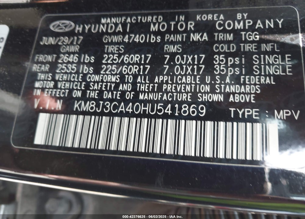 2017 HYUNDAI TUCSON VIN: KM8J3CA40HU541869