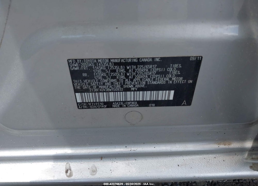 2011 TOYOTA RAV4 VIN: 2T3BF4DV3BW150932
