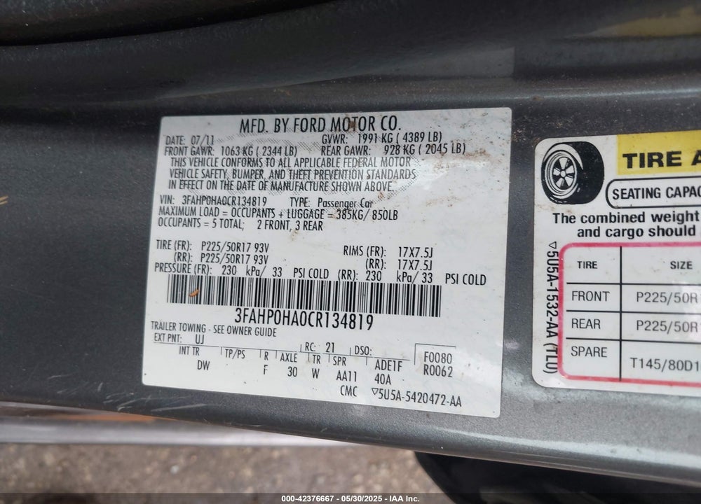 2012 FORD FUSION VIN: 3FAHP0HA0CR134819