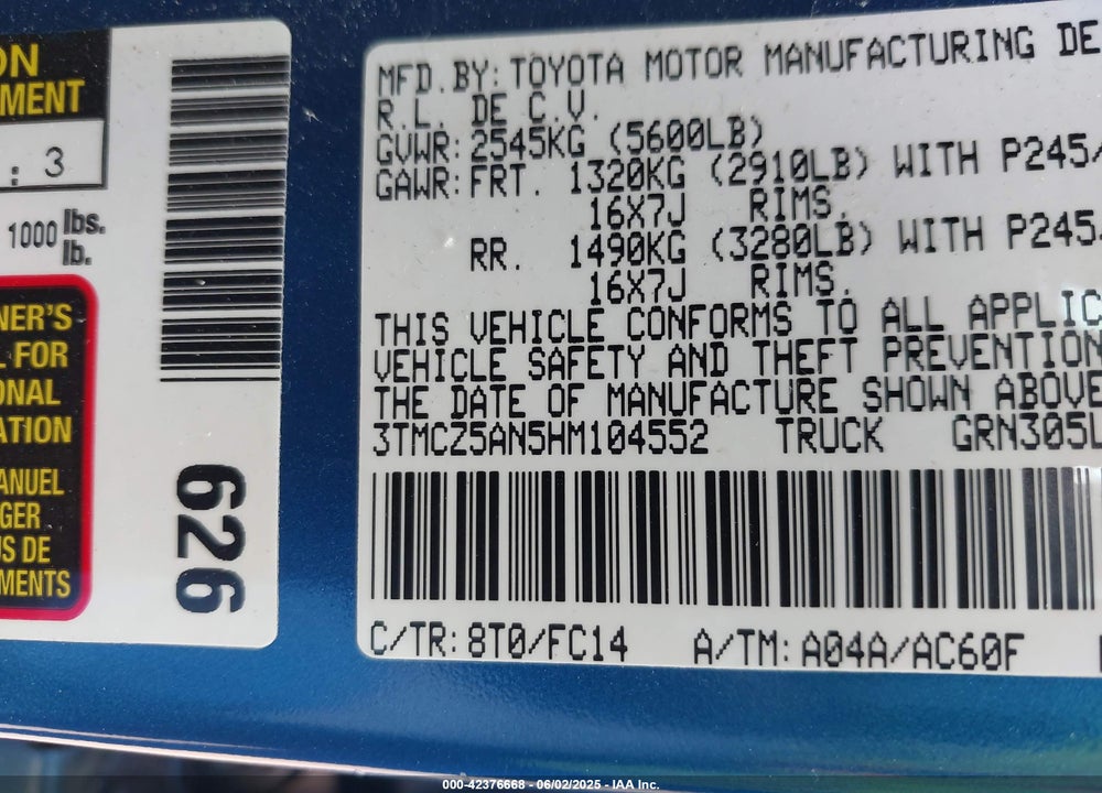 2017 TOYOTA TACOMA DBL CAB/SR/TRDSPT/OR/PRO VIN: 3TMCZ5AN5HM104552