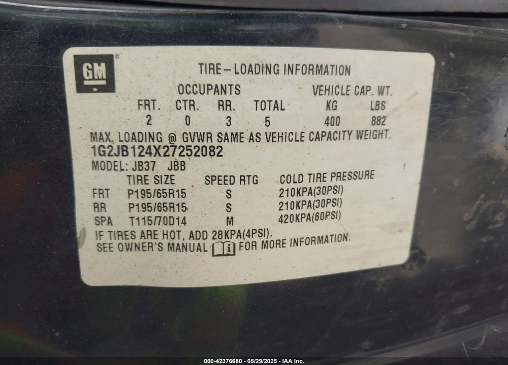 2002 PONTIAC SUNFIRE SE VIN: 1G2JB124X27252082