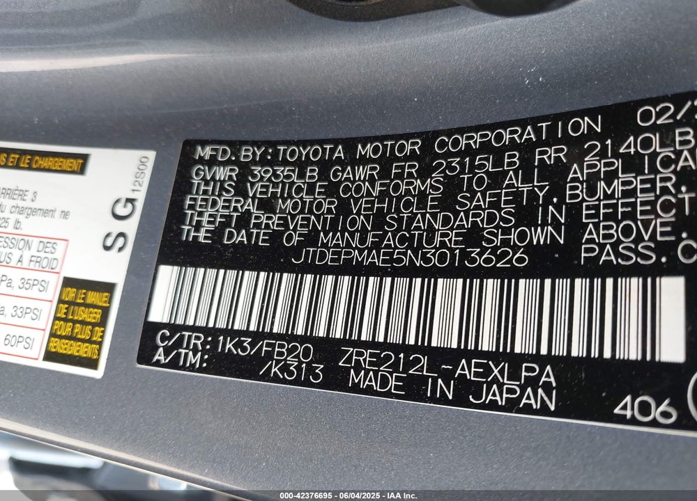 2022 TOYOTA COROLLA VIN: JTDEPMAE5N3013626