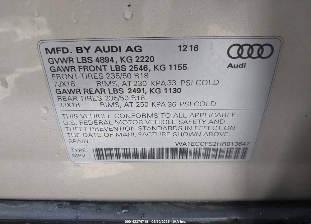 2017 AUDI Q3 2.0T PREMIUM VIN: WA1ECCFS2HR013647