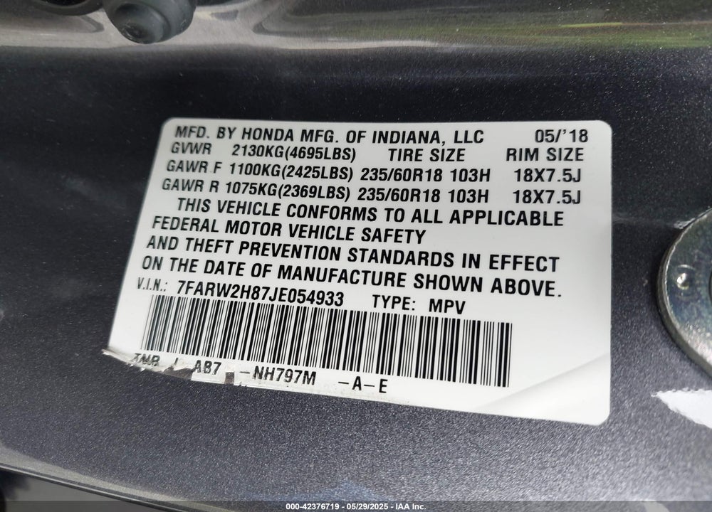 2018 HONDA CR-V VIN: 7FARW2H87JE054933
