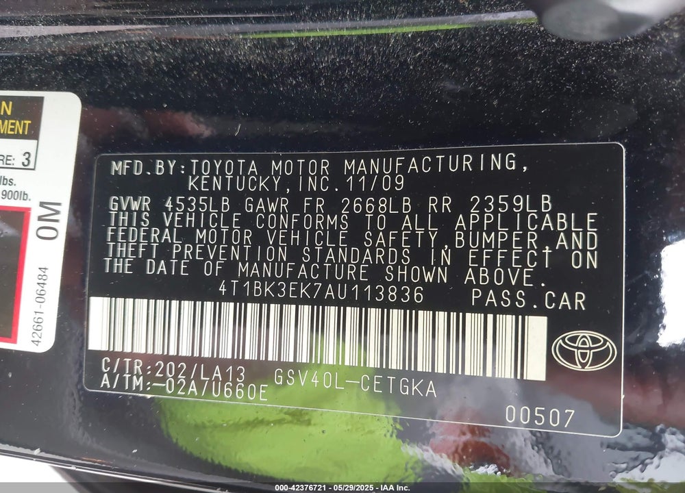2010 TOYOTA CAMRY SE/LE/XLE VIN: 4T1BK3EK7AU113836