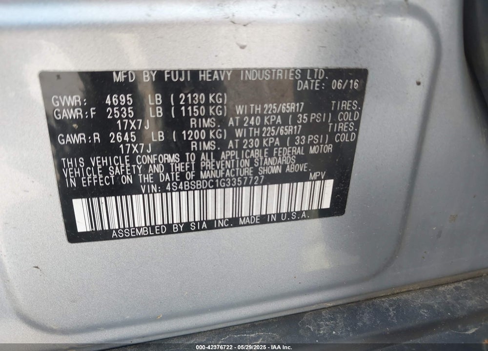 2016 SUBARU OUTBACK VIN: 4S4BSBDC1G3357727