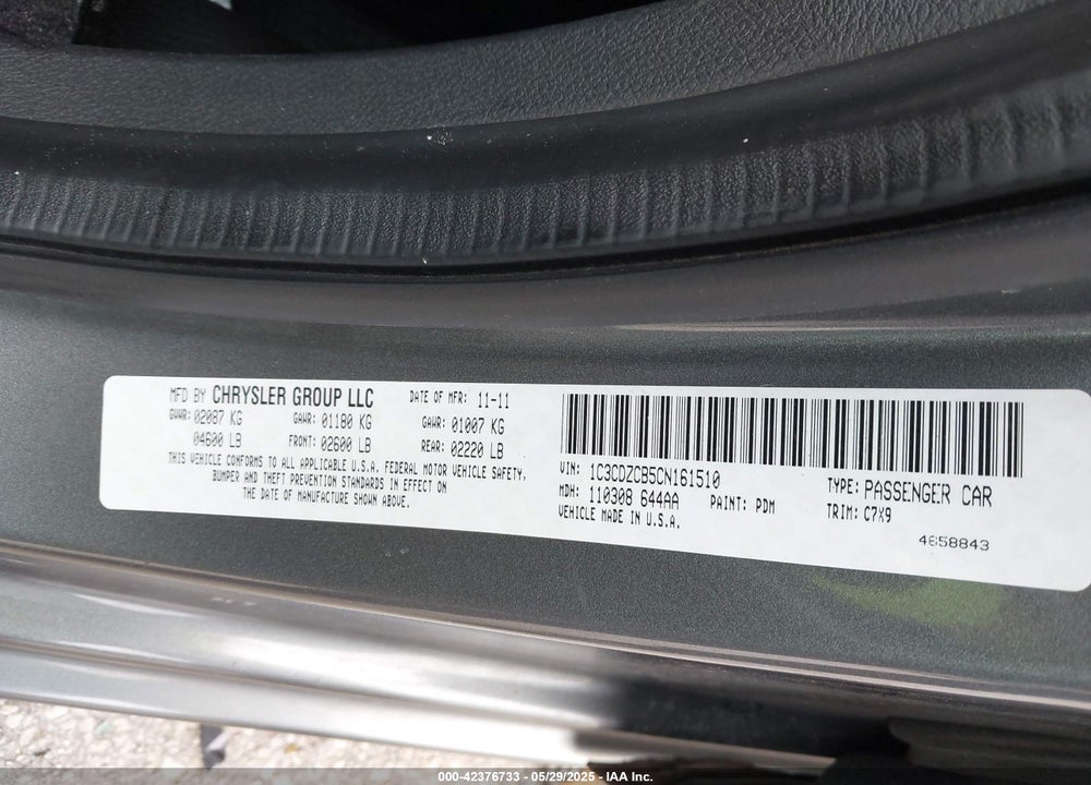 2012 DODGE AVENGER VIN: 1C3CDZCB5CN161510