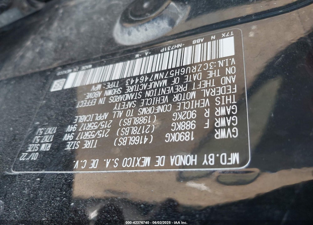 2022 HONDA HR-V VIN: 3CZRU6H57NM746443