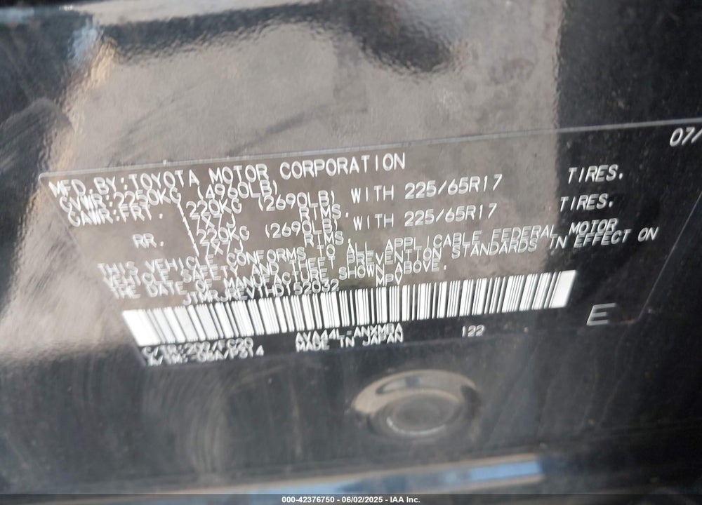 2017 TOYOTA RAV4 HV VIN: JTMRJREV1HD152032