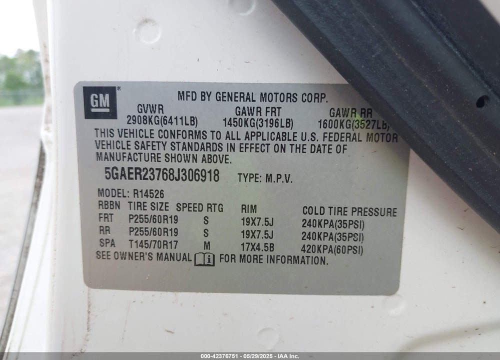 2008 BUICK ENCLAVE VIN: 5GAER23768J306918