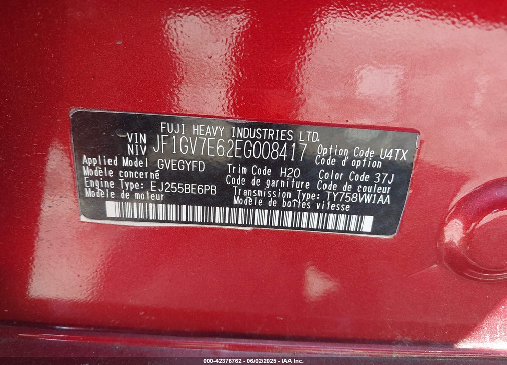 2014 SUBARU IMPREZA WRX VIN: JF1GV7E62EG008417