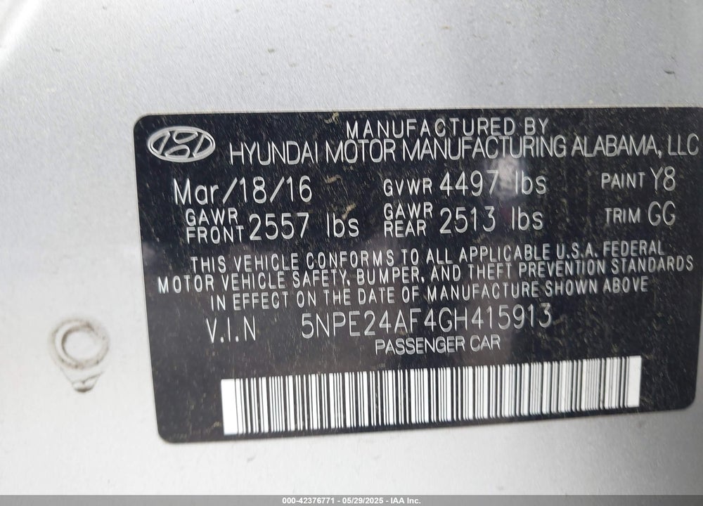 2016 HYUNDAI SONATA VIN: 5NPE24AF4GH415913