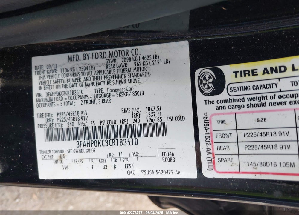 2012 FORD FUSION VIN: 3FAHP0KC3CR183510