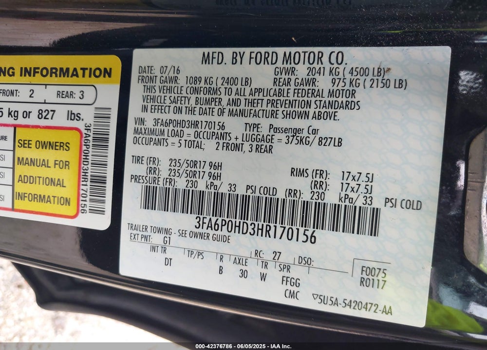 2017 FORD FUSION VIN: 3FA6P0HD3HR170156