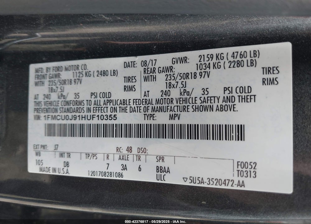 2017 FORD ESCAPE VIN: 1FMCU0J91HUF10355