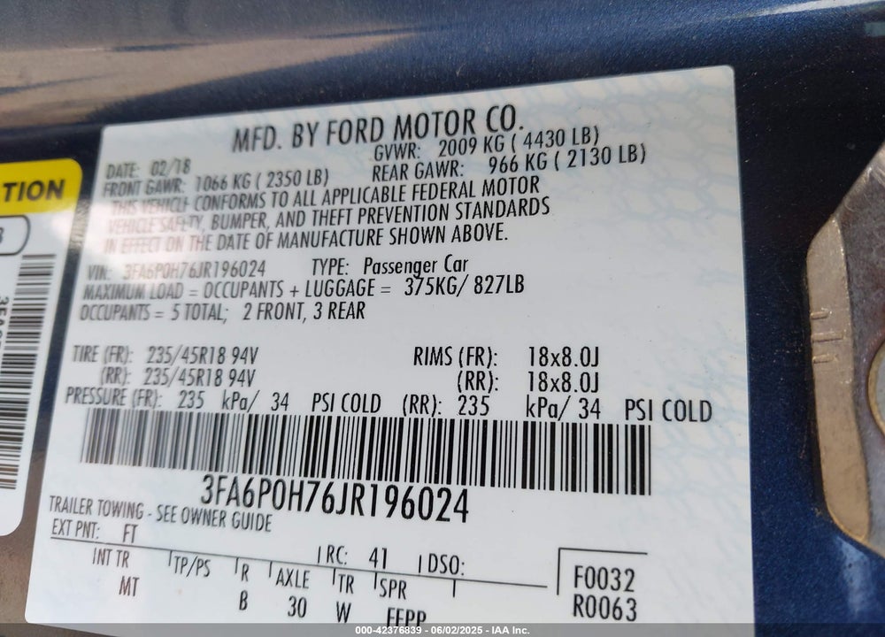 2018 FORD FUSION VIN: 3FA6P0H76JR196024